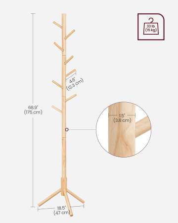 VASAGLE Cuier lemn masiv 47x47x175 cm, 8 carlige si inaltime reglabila, baza triunghiulara, natur [1]