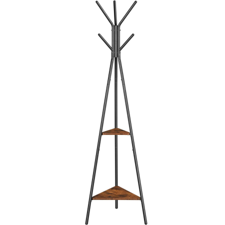 Mobila hol - Cuier metalic, cu â€‹â€‹2 rafturi MDF, inaltime 179cm, stil industrial, maro rustic si negru