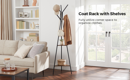 Cuier metalic, cu â€‹â€‹2 rafturi MDF, inaltime 179cm, stil industrial, maro rustic si negru [8]