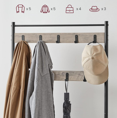 VASAGLE Cuier multifunctional 70x32x175 cm, cu 9 carlige, banca si 2 rafturi pantofi, PAL si otel, gri si negru [5]