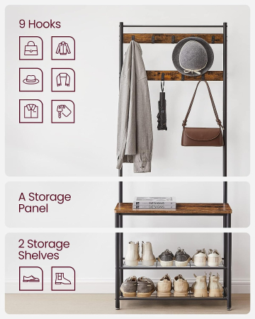 Cuier pentru haine cu banc de depozitare a pantofilor, cadru din otel, 32x70x177cm, industrial, maro rustic si negru [3]