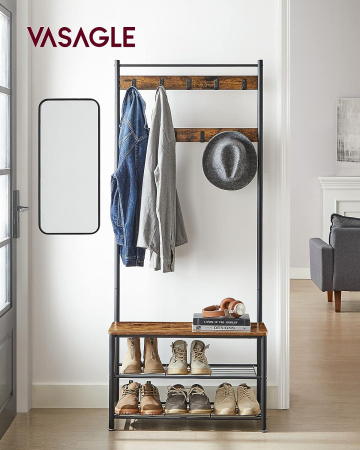 Cuier pentru haine cu banc de depozitare a pantofilor, cadru din otel, 32x70x177cm, industrial, maro rustic si negru [5]
