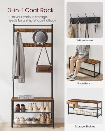 Cuier pentru haine cu banc de depozitare a pantofilor, cadru din otel, 32x70x177cm, industrial, maro rustic si negru [7]