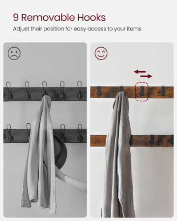 Cuier pentru haine, cu banc depozitare pantofi, 9 carlige detasabile, sina pentru haine, 34x77x183cm, industrial, maro rustic si negru [11]