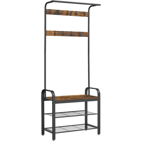 Mobila hol - Cuier pentru haine, cu banc depozitare pantofi, 9 carlige detasabile, sina pentru haine, 34x77x183cm, industrial, maro rustic si negru