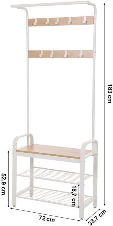 VASAGLE Cuier pentru haine cu banca de depozitare a pantofilor, cu 9 carlige detasabile, o sina pentru haine, 34x72x183 cm, modern, stejar si crem [1]