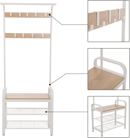 VASAGLE Cuier pentru haine cu banca de depozitare a pantofilor, cu 9 carlige detasabile, o sina pentru haine, 34x72x183 cm, modern, stejar si crem [2]