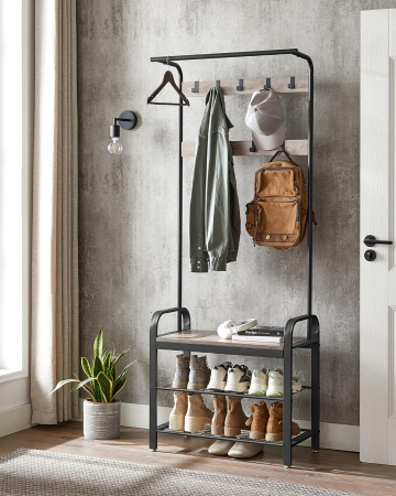 VASAGLE Cuier pentru haine cu banca de depozitare pantofi, cu 9 carlige si sina pentru haine, 34x72x183 cm, gri si negru [1]