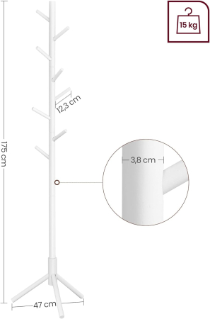 VASAGLE Cuier pentru haine, din lemn masiv, tip pom, cu 8 carlige, 175cm, alb [6]