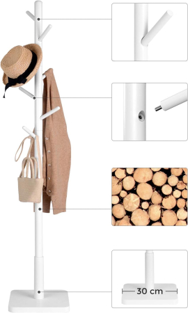 VASAGLE Cuier pentru haine, din lemn masiv, tip pom, cu 8 carlige, baza patrata, 175cm, alb [6]