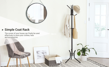 VASAGLE Cuier pentru haine, din otel, tip pom, cu 12 carlige, 176cm, negru [2]