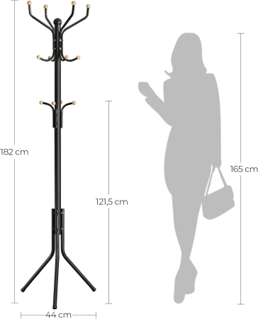 Cuier pentru haine, din otel, tip pom, cu 12 carlige, 182cm, negru [3]