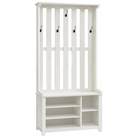 Mobila hol - Cuier pentru hol cu banca, raft pantofi si 7 carlige duble, 81x35x180 cm, alb rustic
