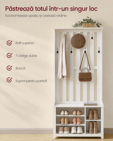 Cuier pentru hol cu banca, raft pantofi si 7 carlige duble, 81x35x180 cm, alb rustic [6]