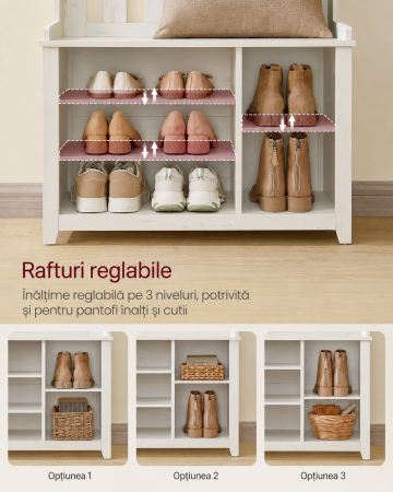 Cuier pentru hol cu banca, raft pantofi si 7 carlige duble, 81x35x180 cm, alb rustic [2]