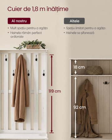 Cuier pentru hol cu banca, raft pantofi si 7 carlige duble, 81x35x180 cm, alb rustic [5]