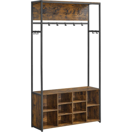 Mobila hol - Cuier pentru hol cu banca si pantofar, raft superior, carlige reglabile, cadru metalic, stil industrial, 100x32x180 cm, maro rustic