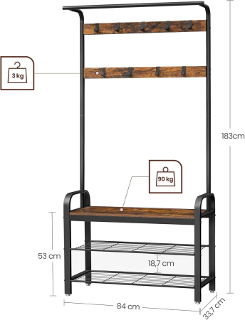 Cuier pentru hol cu banca si suport pantofi, stil industrial, 84x34x183 cm, maro rustic [7]