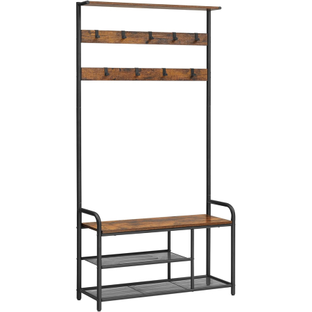 Mobila hol - Cuier pentru hol cu banca si suport pantofi, stil industrial, 84x34x183 cm, maro rustic