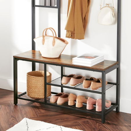 Cuier pentru hol cu oglinda si 9 carlige detasabile, structura metalica, stil industrial, 98x36x185 cm, maro rustic [6]