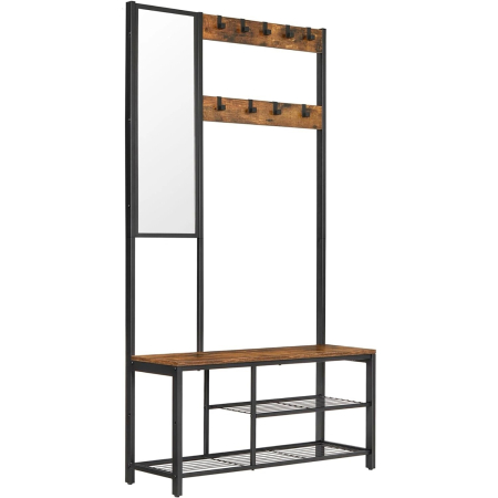 Mobila hol - Cuier pentru hol cu oglinda si 9 carlige detasabile, structura metalica, stil industrial, 98x36x185 cm, maro rustic