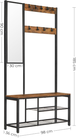 Cuier pentru hol cu oglinda si 9 carlige detasabile, structura metalica, stil industrial, 98x36x185 cm, maro rustic [9]