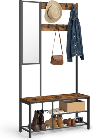 Cuier pentru hol cu oglinda si 9 carlige detasabile, structura metalica, stil industrial, 98x36x185 cm, maro rustic [4]