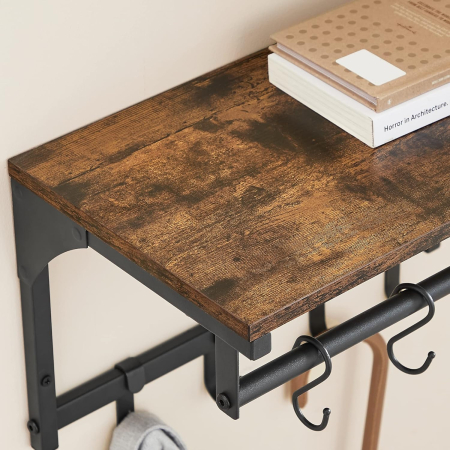 Cuier perete cu 8 carlige si polita, 40x24x24 cm, maro rustic si negru [8]