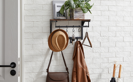 Cuier perete cu 8 carlige si polita, 40x24x24 cm, maro rustic si negru [1]