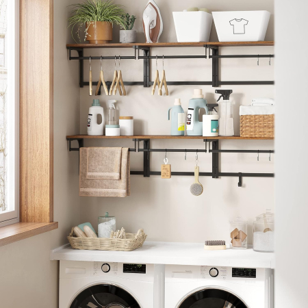 Cuier perete cu 8 carlige si polita, 40x24x24 cm, maro rustic si negru [3]