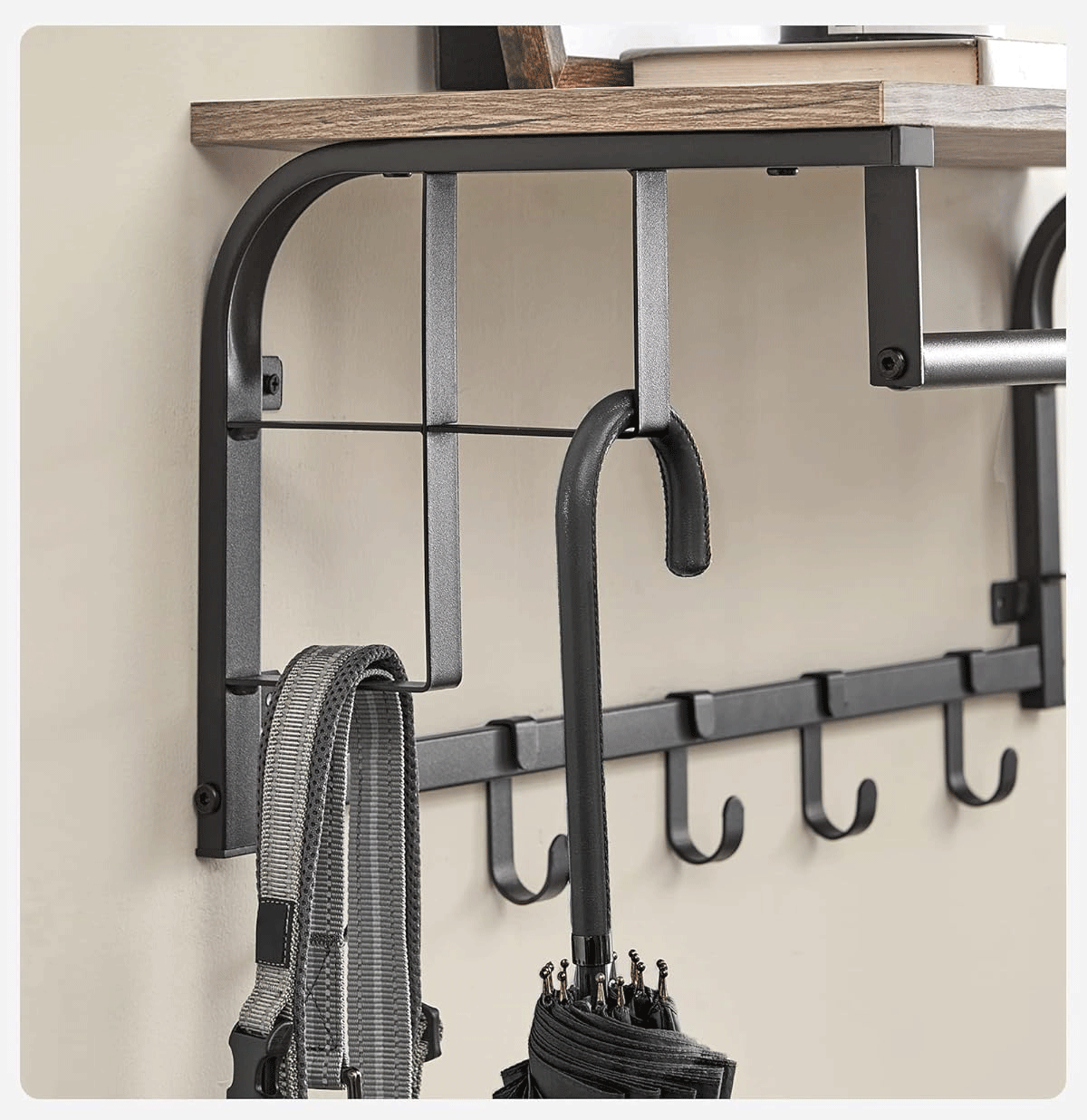 VASAGLE Cuier perete cu polita, bara si 5 carlige, 66x27x30 cm, gri [8]