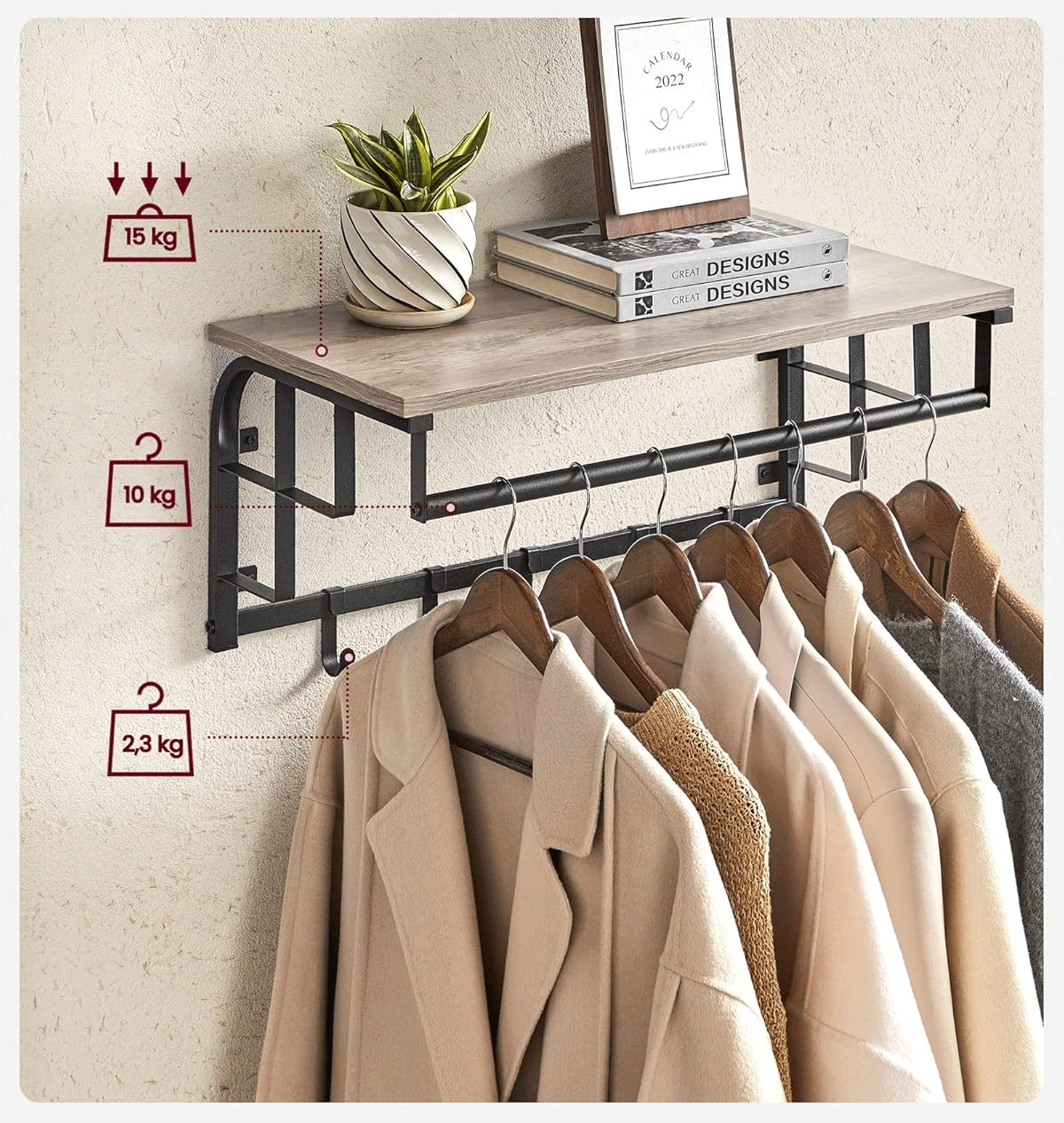 VASAGLE Cuier perete cu polita, bara si 5 carlige, 66x27x30 cm, gri [9]