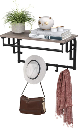 VASAGLE Cuier perete cu polita, bara si 5 carlige, 66x27x30 cm, gri [5]