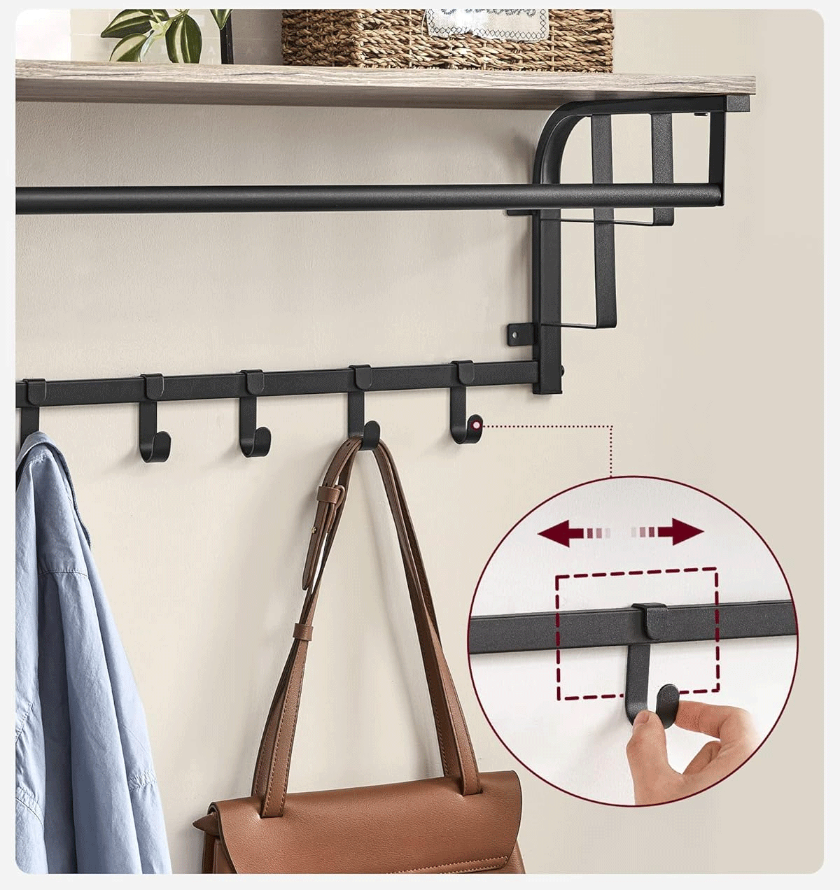 VASAGLE Cuier perete cu polita, bara si 5 carlige, 66x27x30 cm, gri [10]