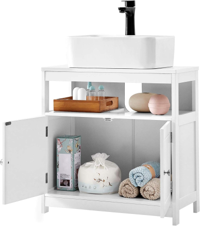 VASAGLE Dulap baie 60x30x60 cm, 2 usi, compartiment deschis, stil scandinav, alb mat [1]