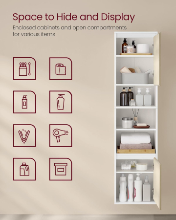 VASAGLE Dulap baie cu montare pe podea sau perete, 7 compartimente, 30x40x160 cm, alb bej [5]