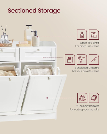 Dulap baie de podea, 2 cosuri de rufe integrate cu saci detasabili, 2 sertare, 79x40x80 cm, alb [3]