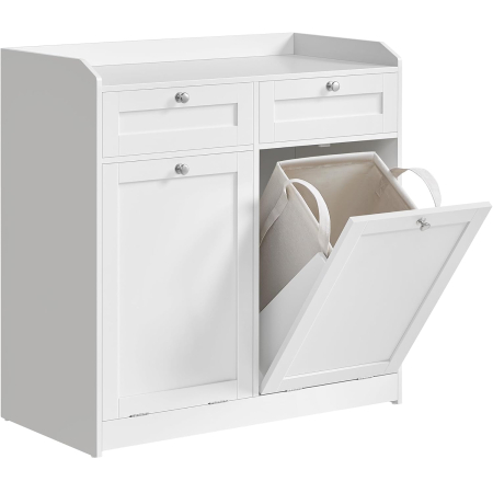 Baie - Dulap baie de podea, 2 cosuri de rufe integrate cu saci detasabili, 2 sertare, 79x40x80 cm, alb