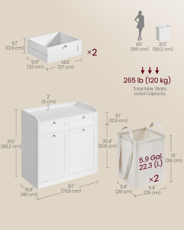 Dulap baie de podea, 2 cosuri de rufe integrate cu saci detasabili, 2 sertare, 79x40x80 cm, alb [1]
