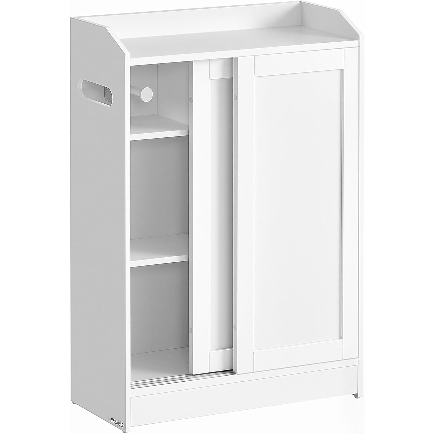 Mobilier baie - Dulap baie ingust, cu suport hartie igienica si compartiment perie WC, usi glisante, rafturi reglabile, 20x60x80 cm, alb