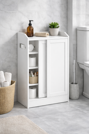 Dulap baie ingust, cu suport hartie igienica si compartiment perie WC, usi glisante, rafturi reglabile, 20x60x80 cm, alb [2]