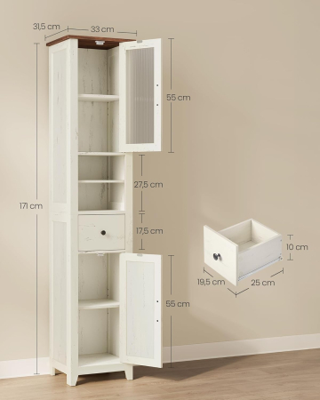 Dulap baie ingust Liry, tip coloana, cu sertar, compartimente deschise si usi, MDF, 33x32x171 cm, alb rustic [1]