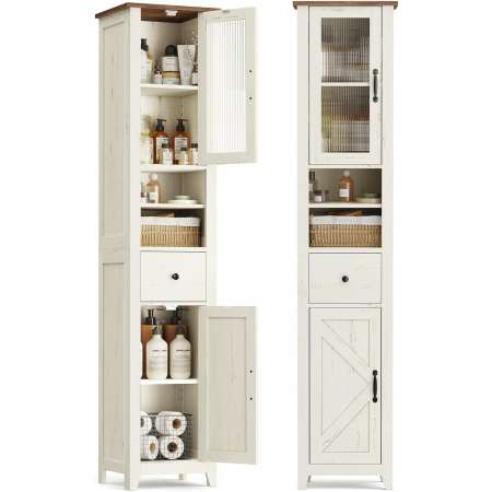 Baie - Dulap baie ingust Liry, tip coloana, cu sertar, compartimente deschise si usi, MDF, 33x32x171 cm, alb rustic
