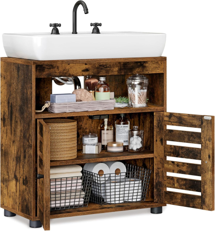 Dulap baie lavoar cu 2 usi tip jaluzea, raft reglabil, 60x30x63 cm, maro rustic [7]