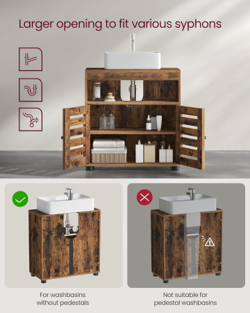 Dulap baie lavoar cu 2 usi tip jaluzea, raft reglabil, 60x30x63 cm, maro rustic [6]