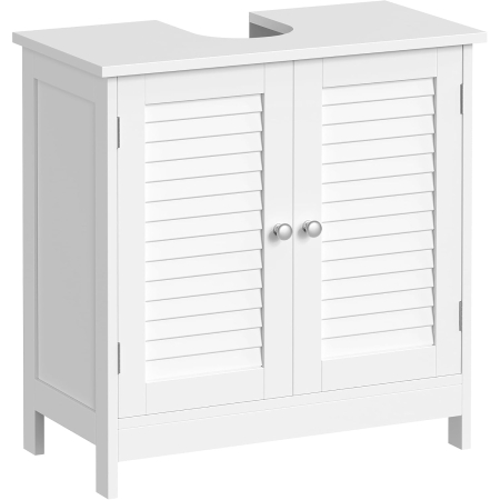 Baie - Dulap baie pentru lavoar cu raft reglabil, design scandinav cu 2 usi tip lamele, MDF, 60x30x60 cm, alb mat