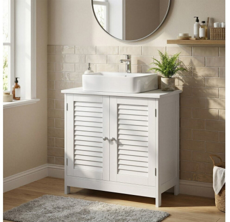 Dulap baie pentru lavoar cu raft reglabil, design scandinav cu 2 usi tip lamele, MDF, 60x30x60 cm, alb mat [10]