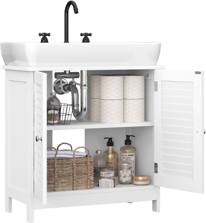 Dulap baie pentru lavoar cu raft reglabil, design scandinav cu 2 usi tip lamele, MDF, 60x30x60 cm, alb mat [9]