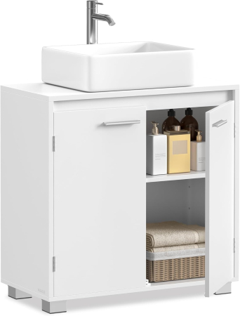 Dulap baie pentru suport lavoar, MDF, 2 compartimente, raft interior reglabil, 30x60x60 cm, alb [4]