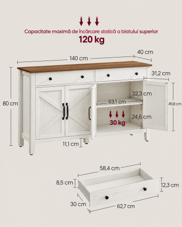 Dulap bufet rustic pentru living, bucatarie si dining, cu sertar spatios si 2 separatoare reglabile, dulap inferior cu raft ajustabil pe 5 niv [5]